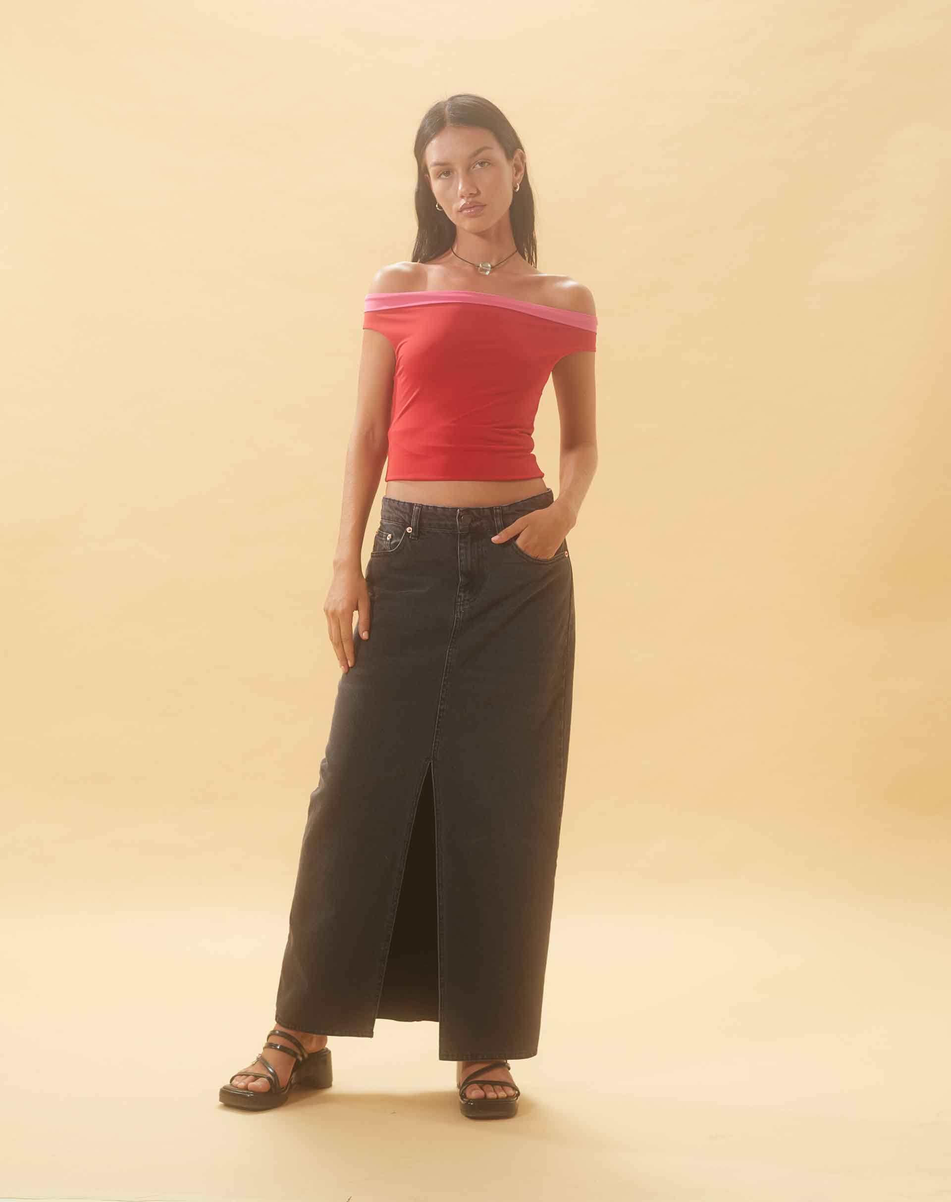 Afbeelding van Denim maxirok met lage taille in vintage zwart
