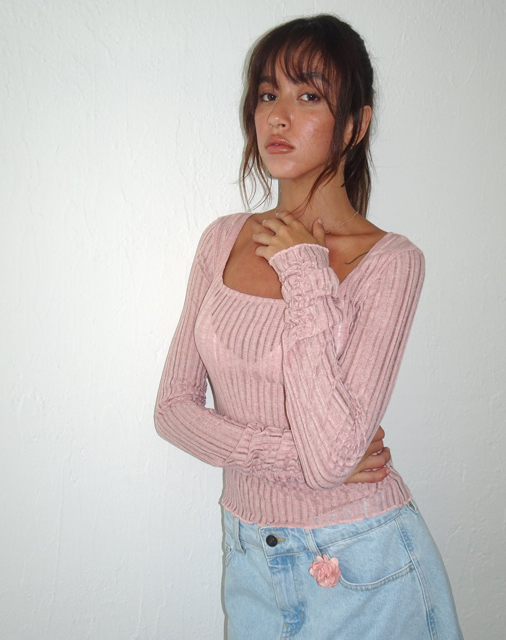 Halsey Gebreide Extra Lange Mouw Top in Roze