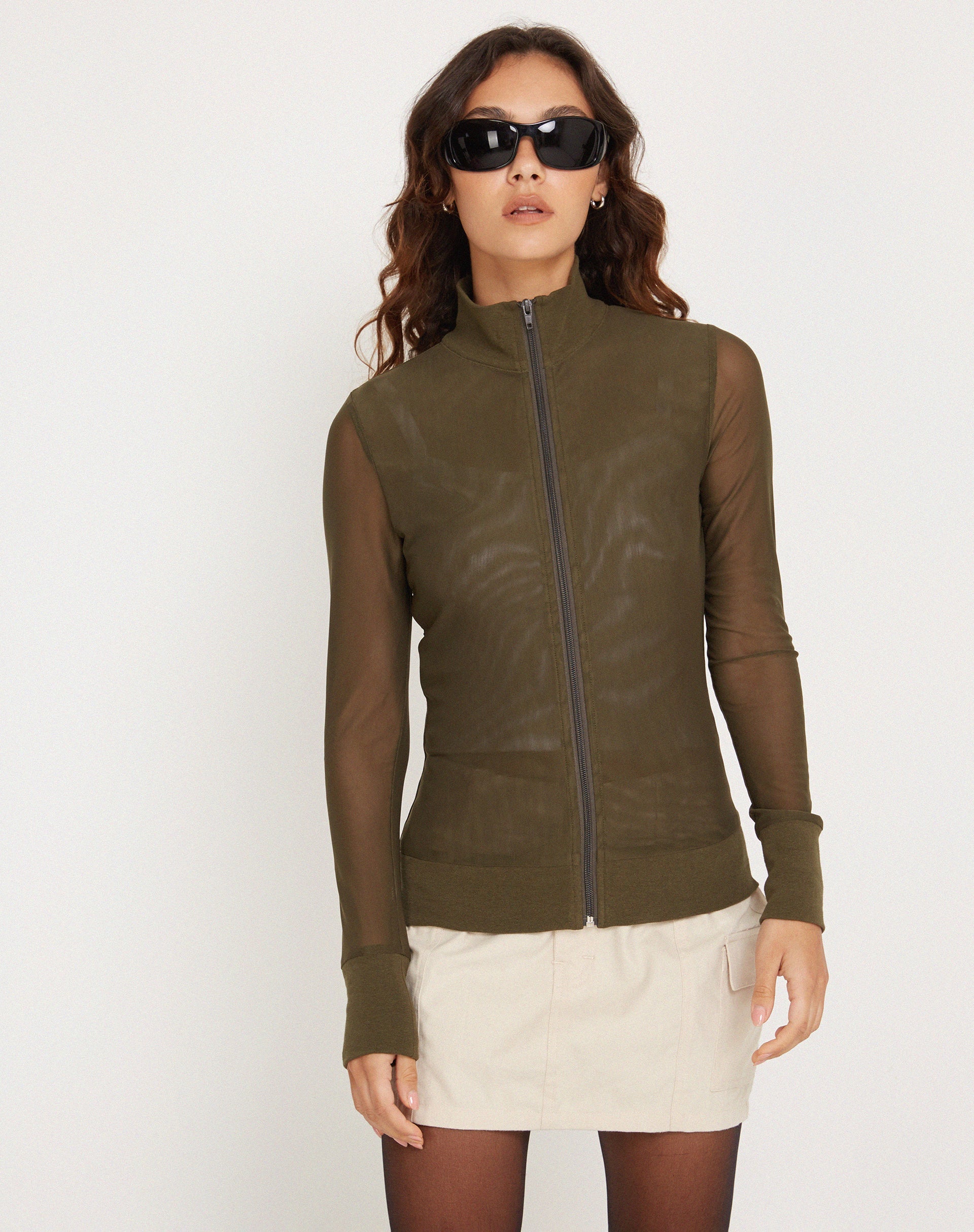 beeld van Hanbin Zip Up Trui in Mesh Olive
