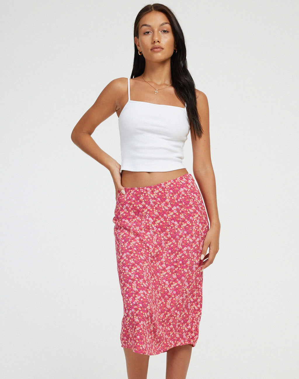 Harriet Midi-rok in Ditsy Bloemig Roze