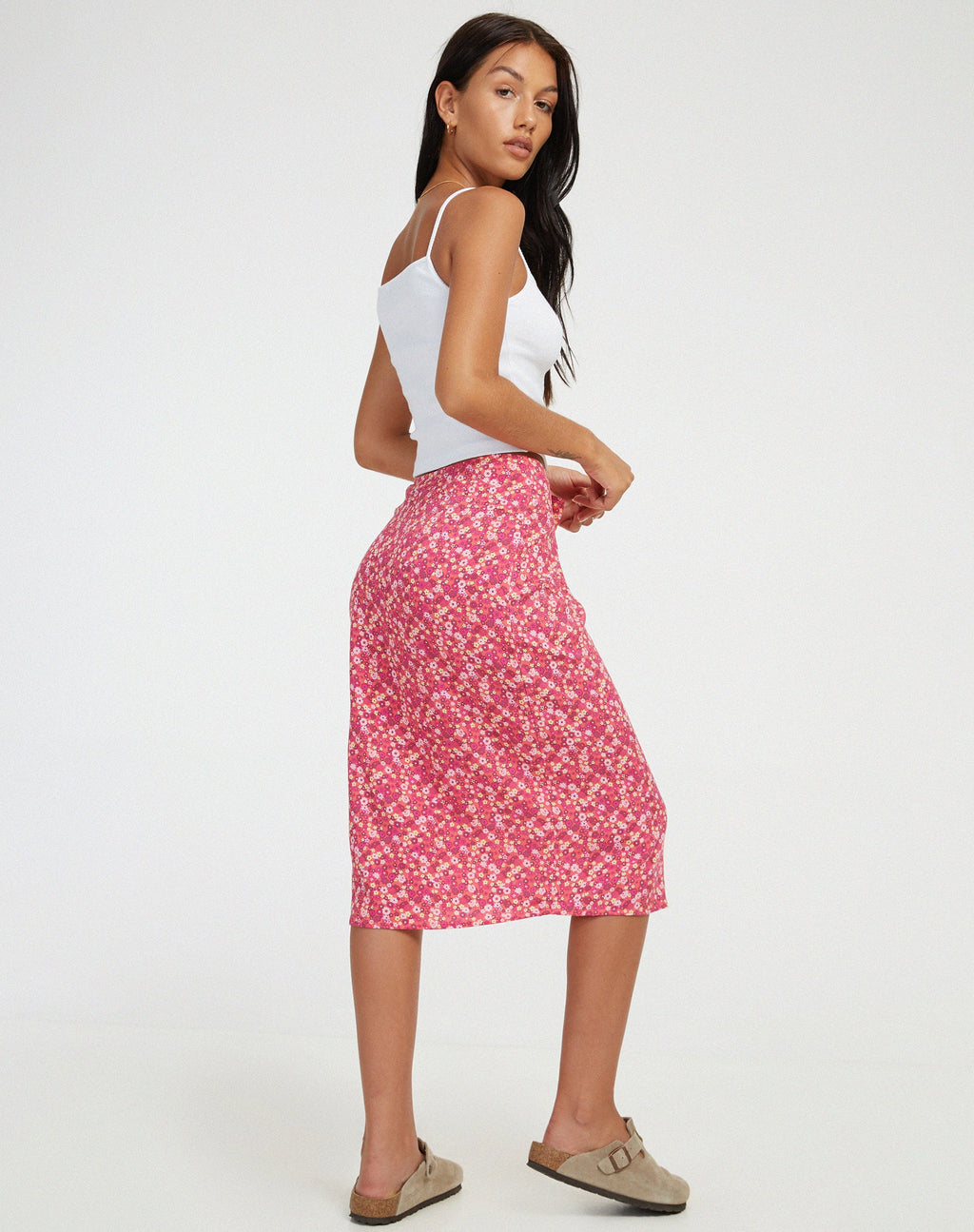 Harriet Midi-rok in Ditsy Bloemig Roze
