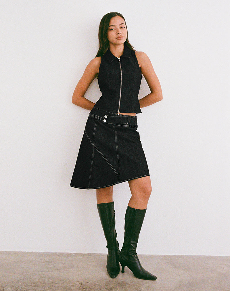 Afbeelding van Hayashi Asymmetrische Midi Rok in Denim Black Wash