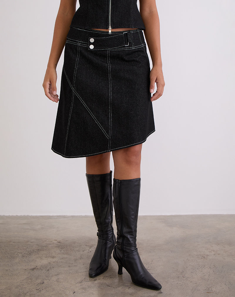 Afbeelding van Hayashi Asymmetrische Midi Rok in Denim Black Wash