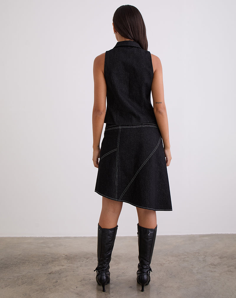 Afbeelding van Hayashi Asymmetrische Midi Rok in Denim Black Wash
