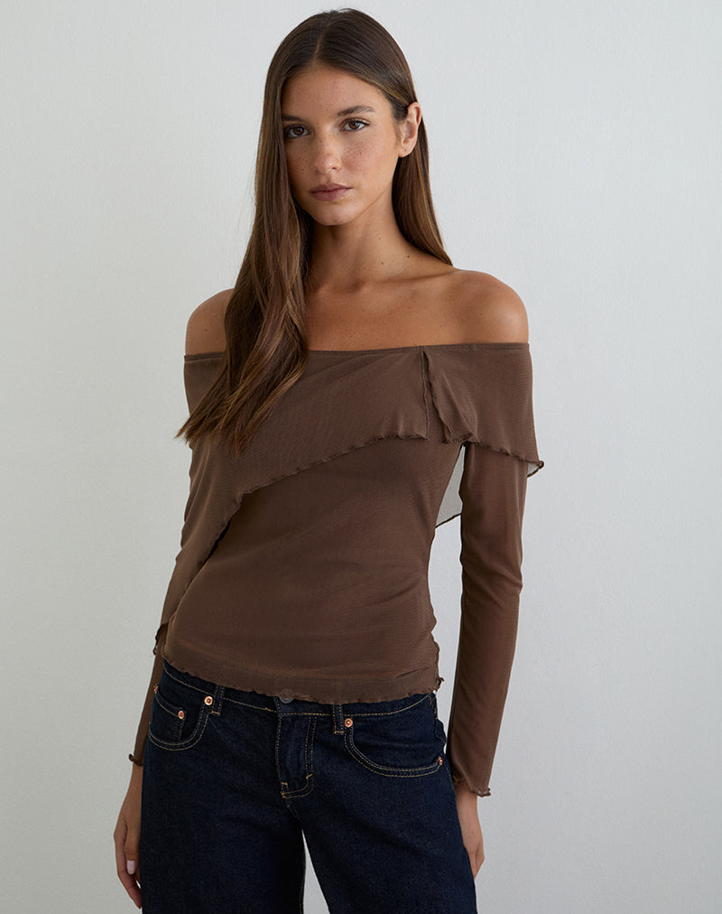 Haze asymmetrische top in mesh bruin