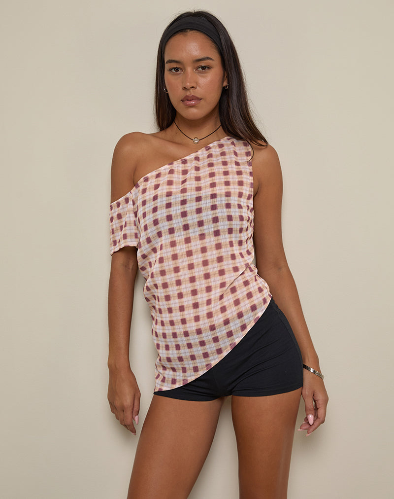 Hea Top in Chiffon Vage Ruit Perzik