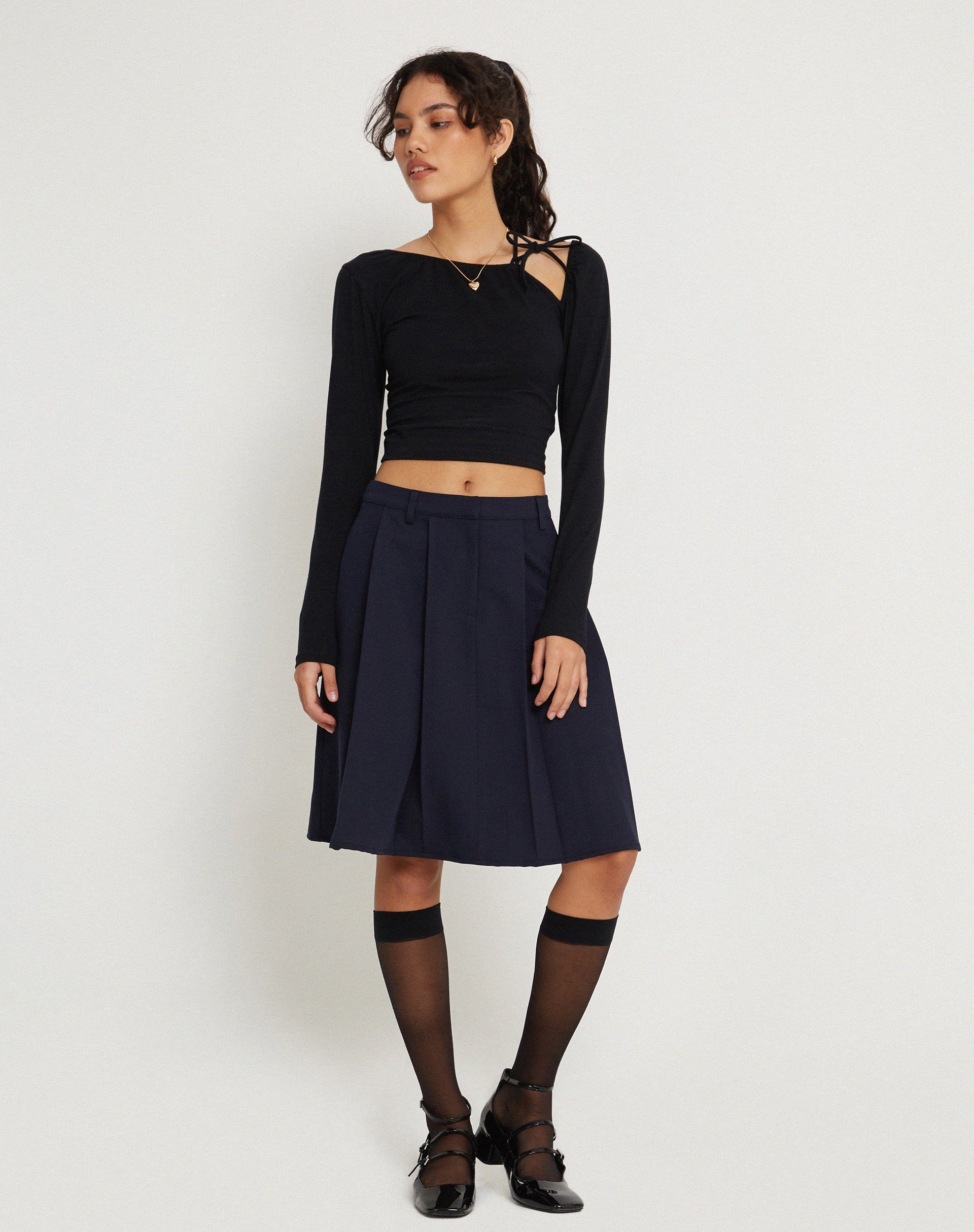 Afbeelding van Colette Geplooide Knielange Rok in Navy