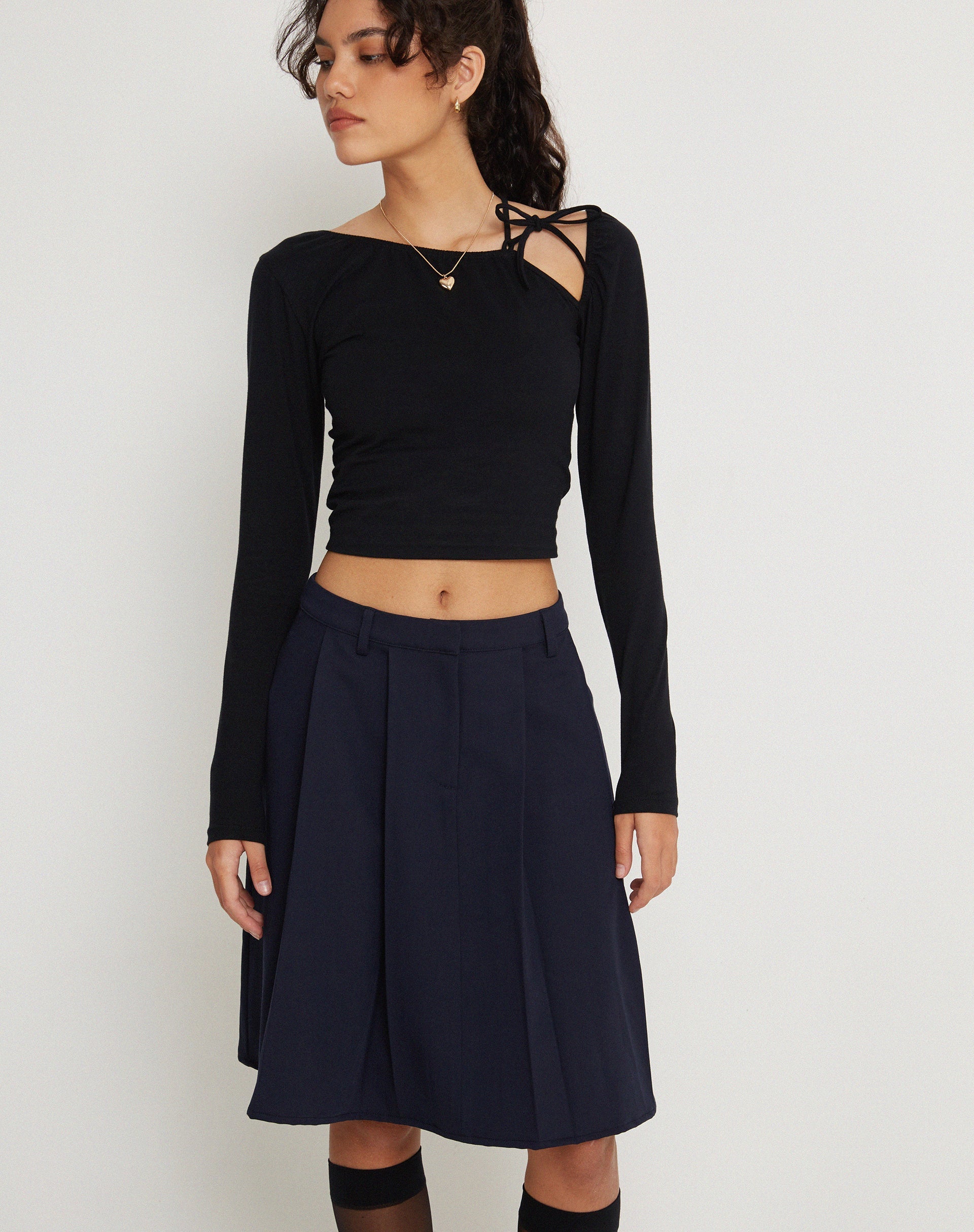 Afbeelding van Colette Geplooide Knielange Rok in Navy