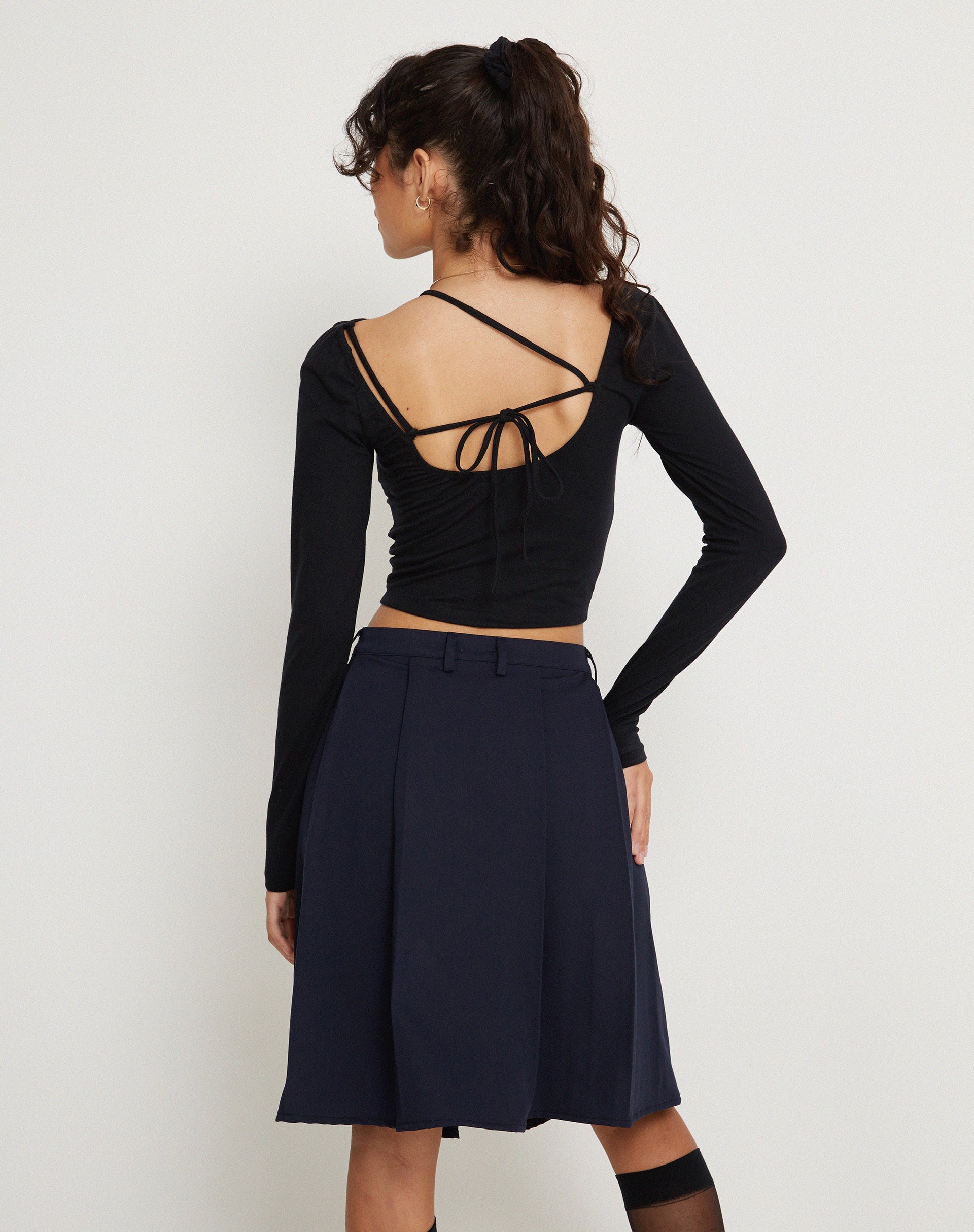 Afbeelding van Colette Geplooide Knielange Rok in Navy