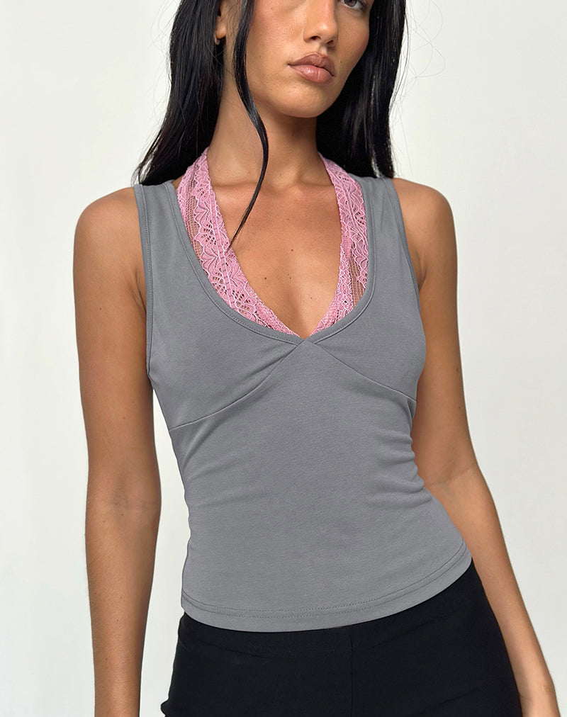 Helma Haltertop in grijs met roze kant
