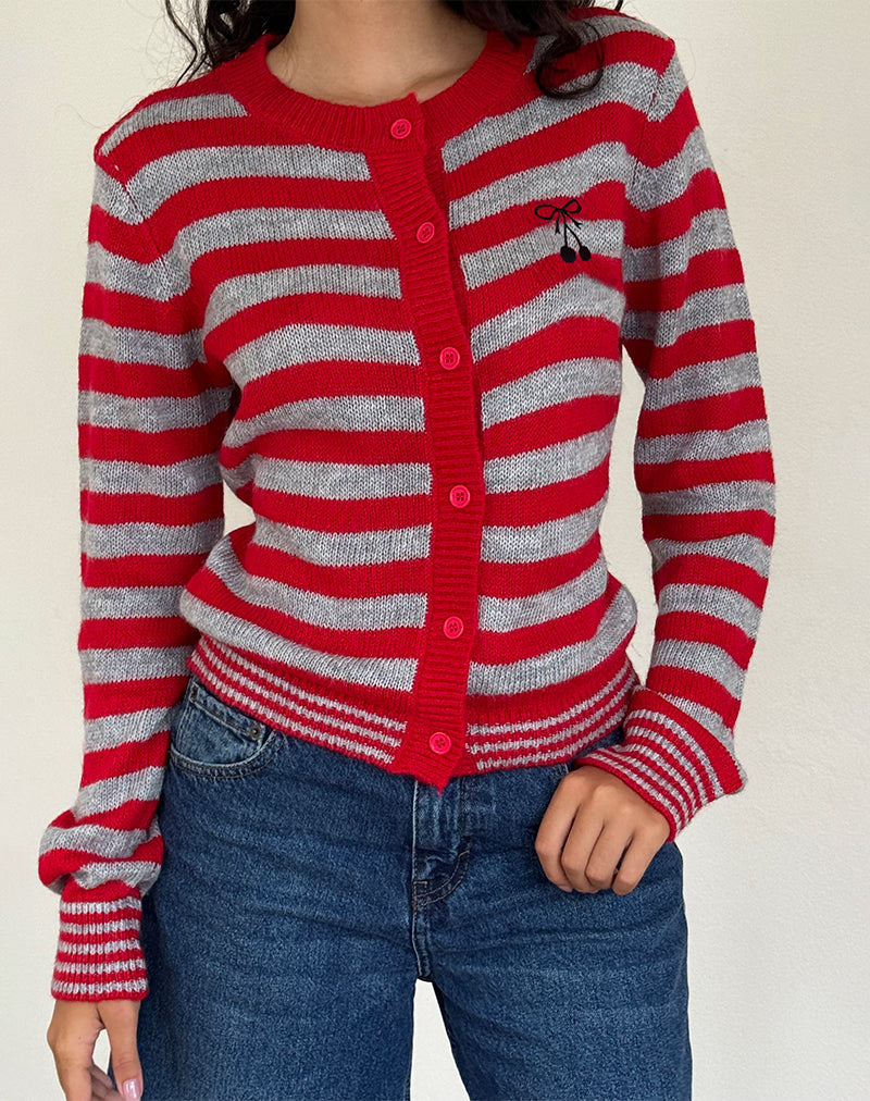 Henidar vest in rood en grijs streep met kersenmotief