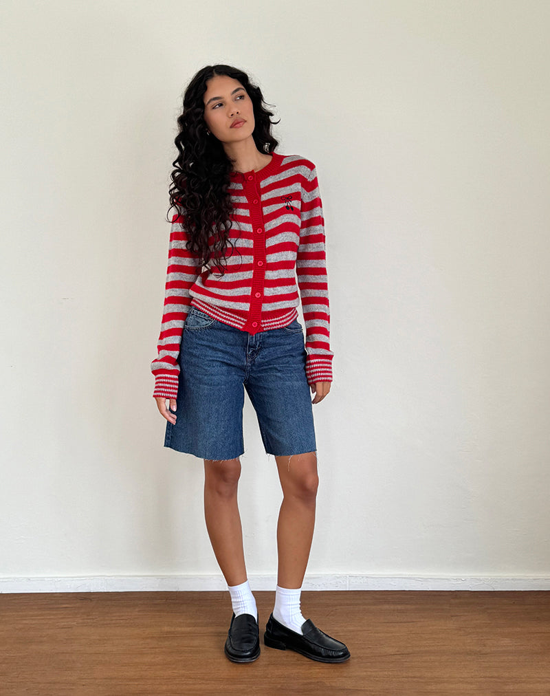 Afbeelding van Henidar vest in rood en grijs streep met kersenprint