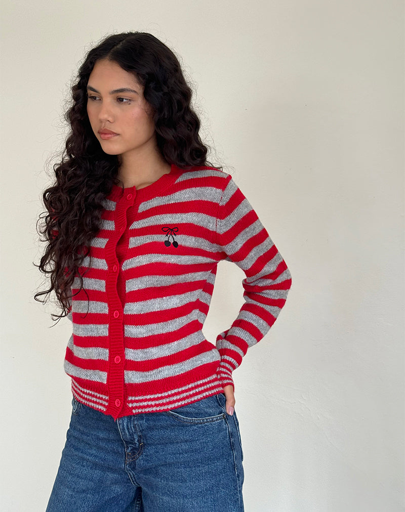 Afbeelding van Henidar vest in rood en grijs streep met kersenprint
