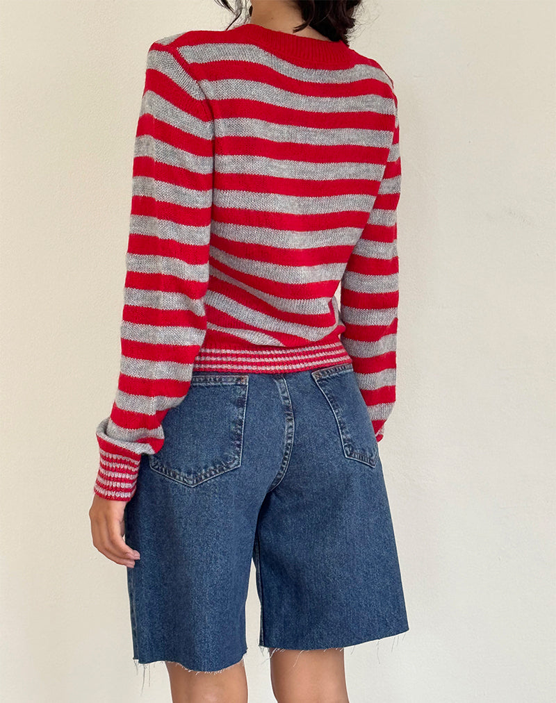 Afbeelding van Henidar vest in rood en grijs streep met kersenprint