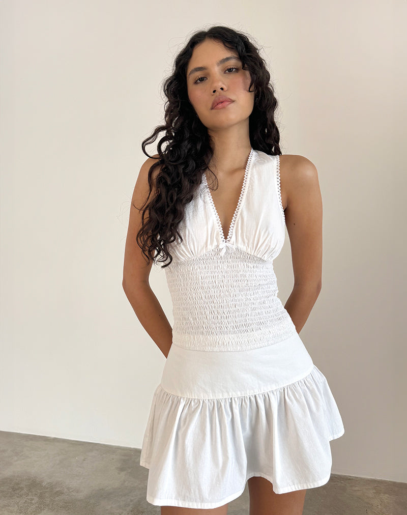 Hevalis Plunge Shirred Top in Popeline Wit