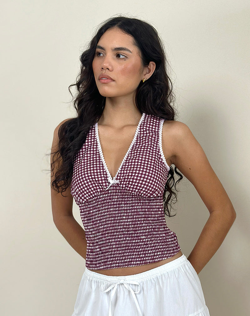 Afbeelding van Hevalis Plunge Top in Mini Gingham Wijn