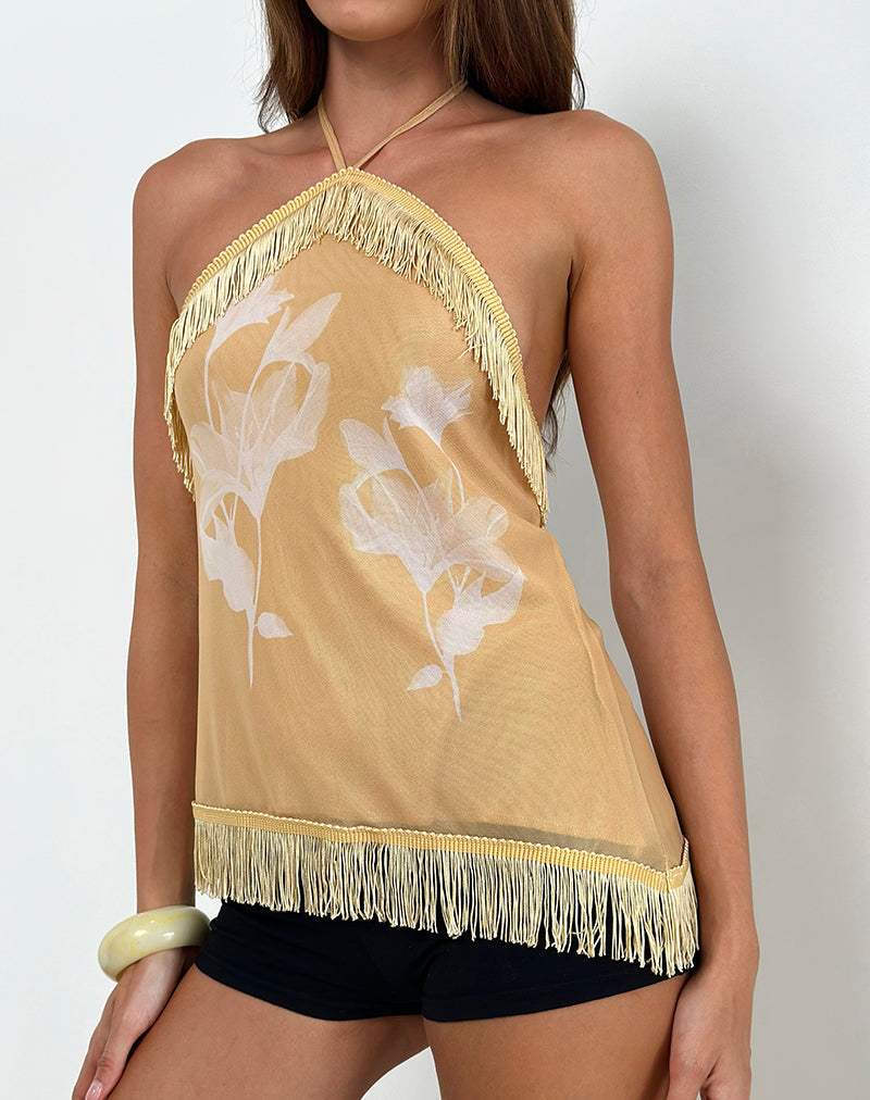 Howard Halter Franje Top in Bloem Geel Wit