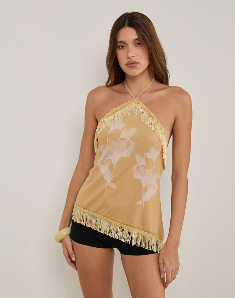 Howard Halter Franje Top in Bloem Geel Wit