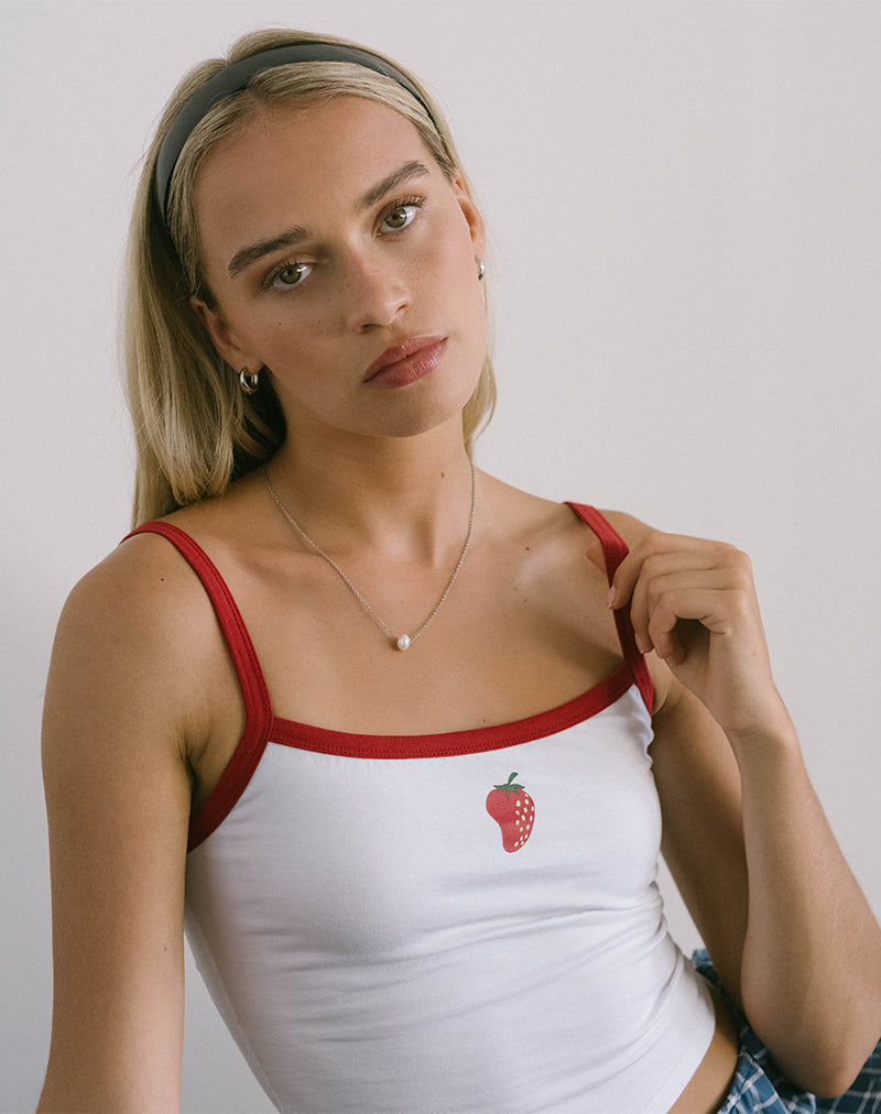 Icah Vest Top in Wit met Rode Binding en Aardbei