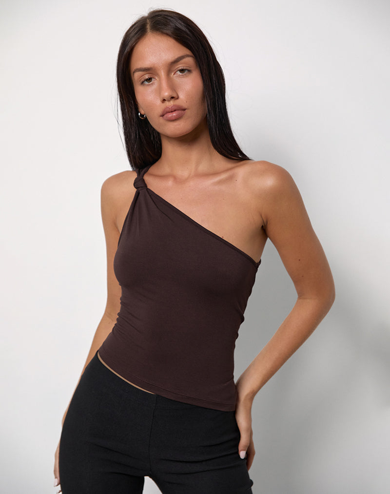 Idra Asymmetrische Top in Rayon Jersey Bittere Chocolade
