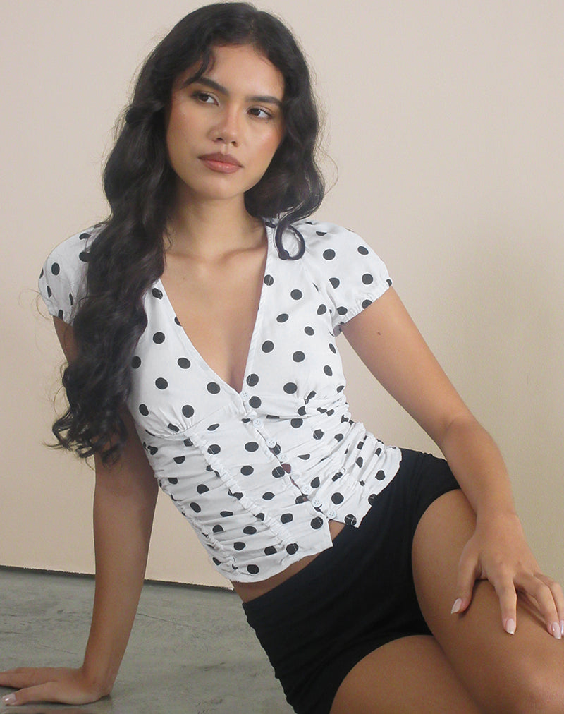 Afbeelding van Ilase Blouse met Ruches in 80s Polka Wit