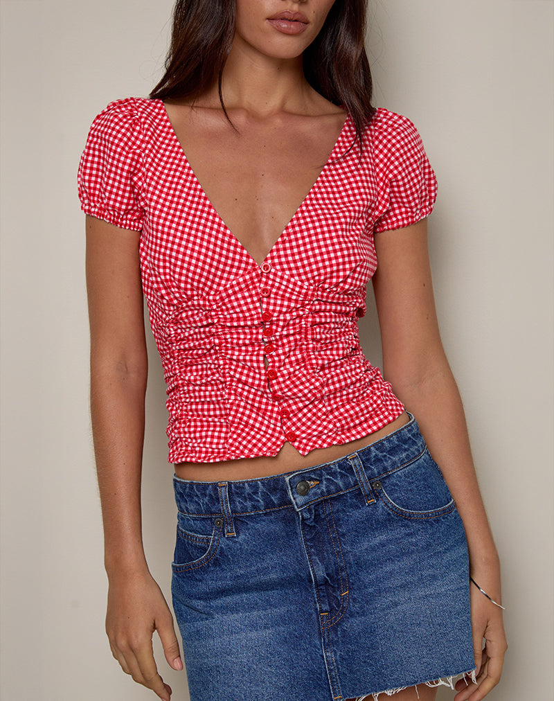 Afbeelding van Ilase Blouse met Ruches in Rood Gingham