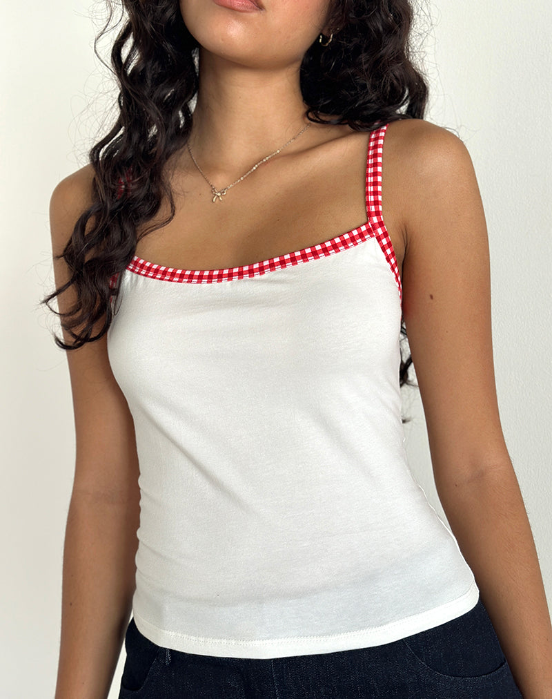 Afbeelding van Ilisna Top in Off White met rood geruite bies