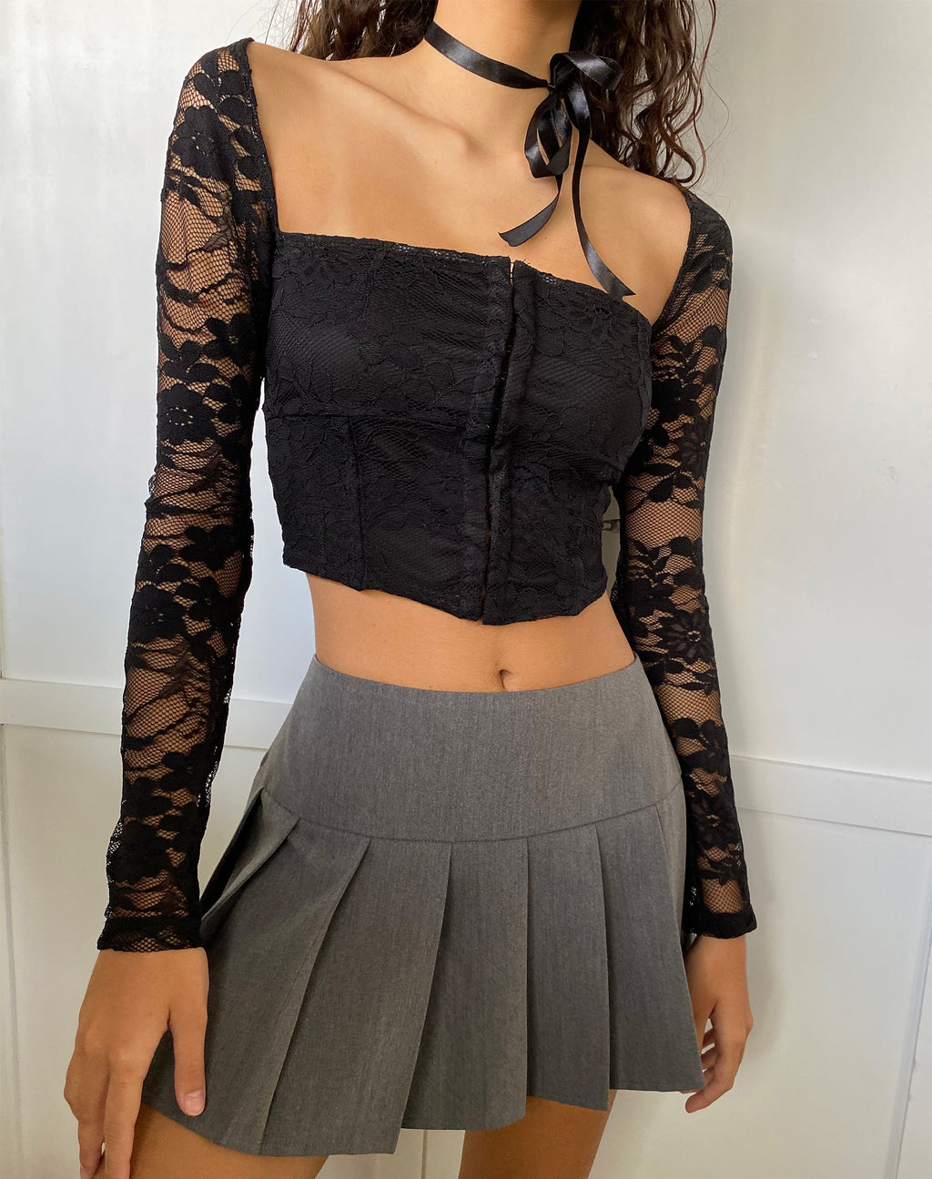 Khafila Korset top met lange mouwen in kant Zwart