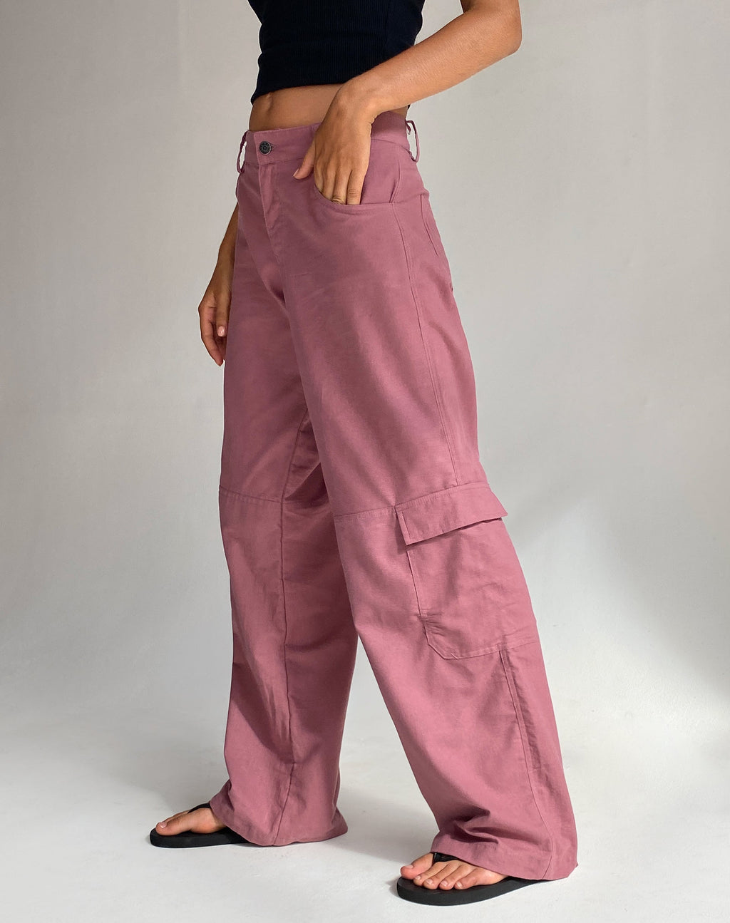 Gemma Cargo broek met lage taille in Mauve Linnen