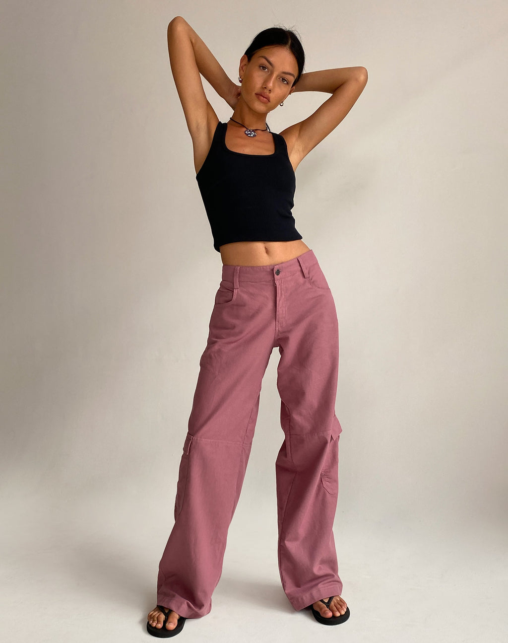 Gemma Cargo broek met lage taille in Mauve Linnen