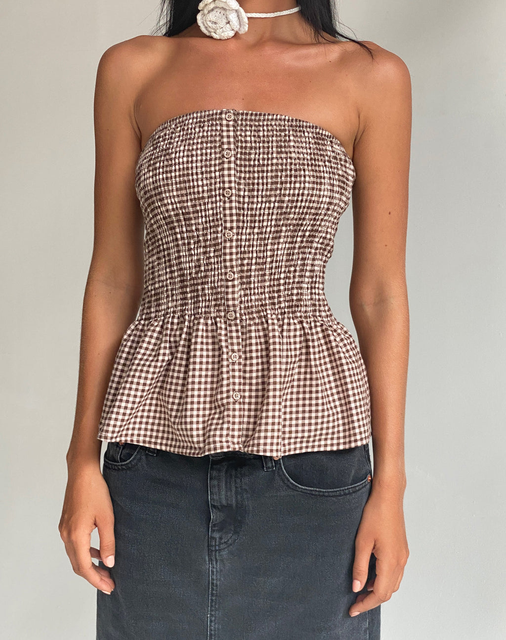 Soter Bandeau Top met rokjes in Mini Gingham