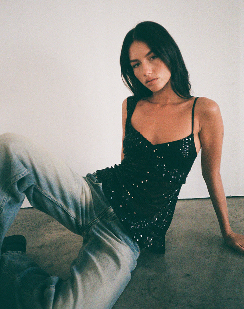 Afbeelding van Iranila Asymmetrische Top in Gauzy Pailletten Zwart