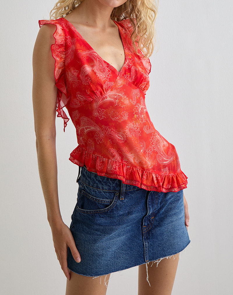 Afbeelding van Iravela Asym Top in Paisley Chiffon Rood