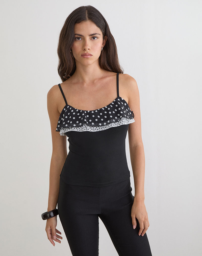 Iridia Top in Cupro Zwart met Kleine Polka Ruches