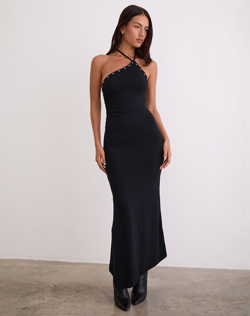 Afbeelding van Ishikawa Asymmetrische Maxi Dress met Oogjes in Zwart
