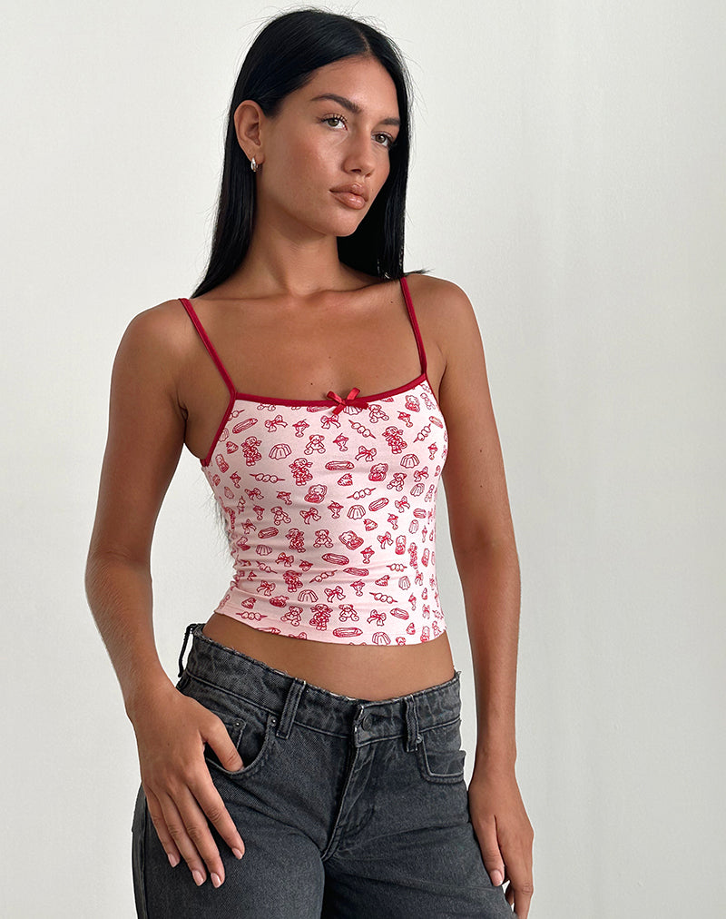 Afbeelding van Isna Cami Top in Girlie Print met rode bies