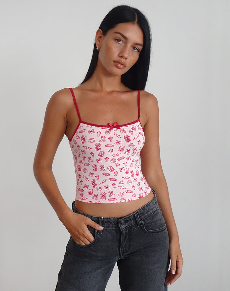 Afbeelding van Isna Cami Top in Girlie Print met rode bies