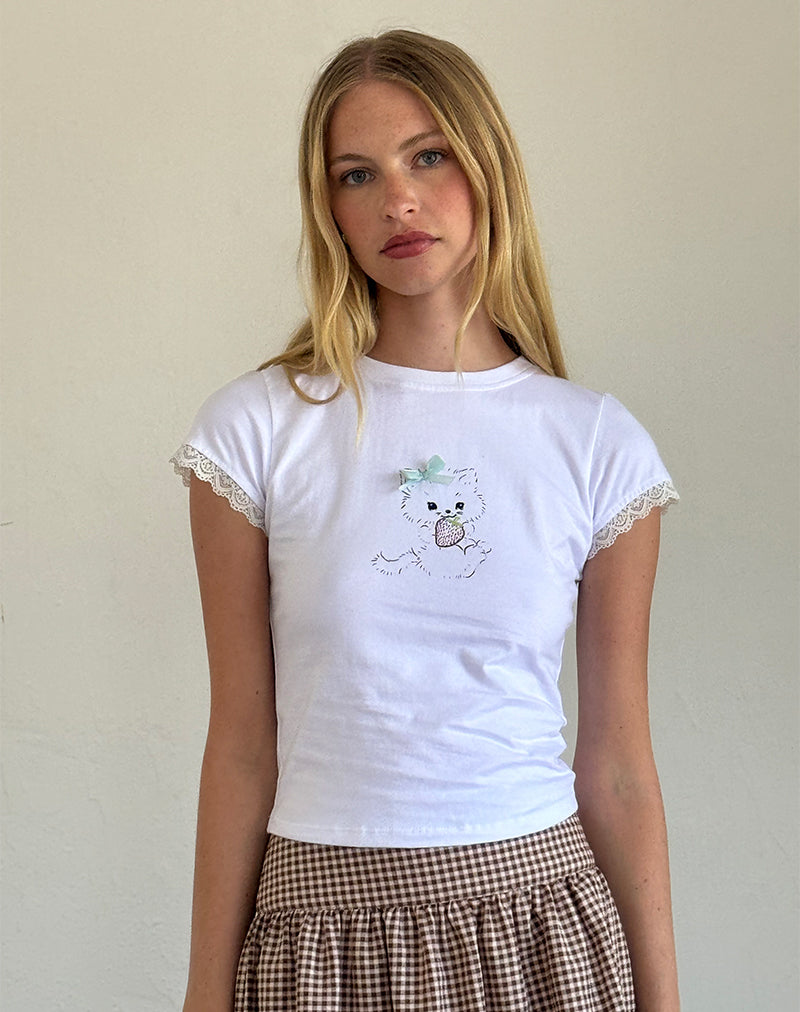 Afbeelding van Izzy T-shirt in wit met aardbeienprint van kat