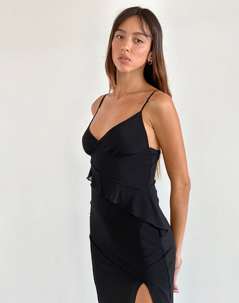 Afbeelding van Jacy Ruffle Midi Dress in Mesh Black