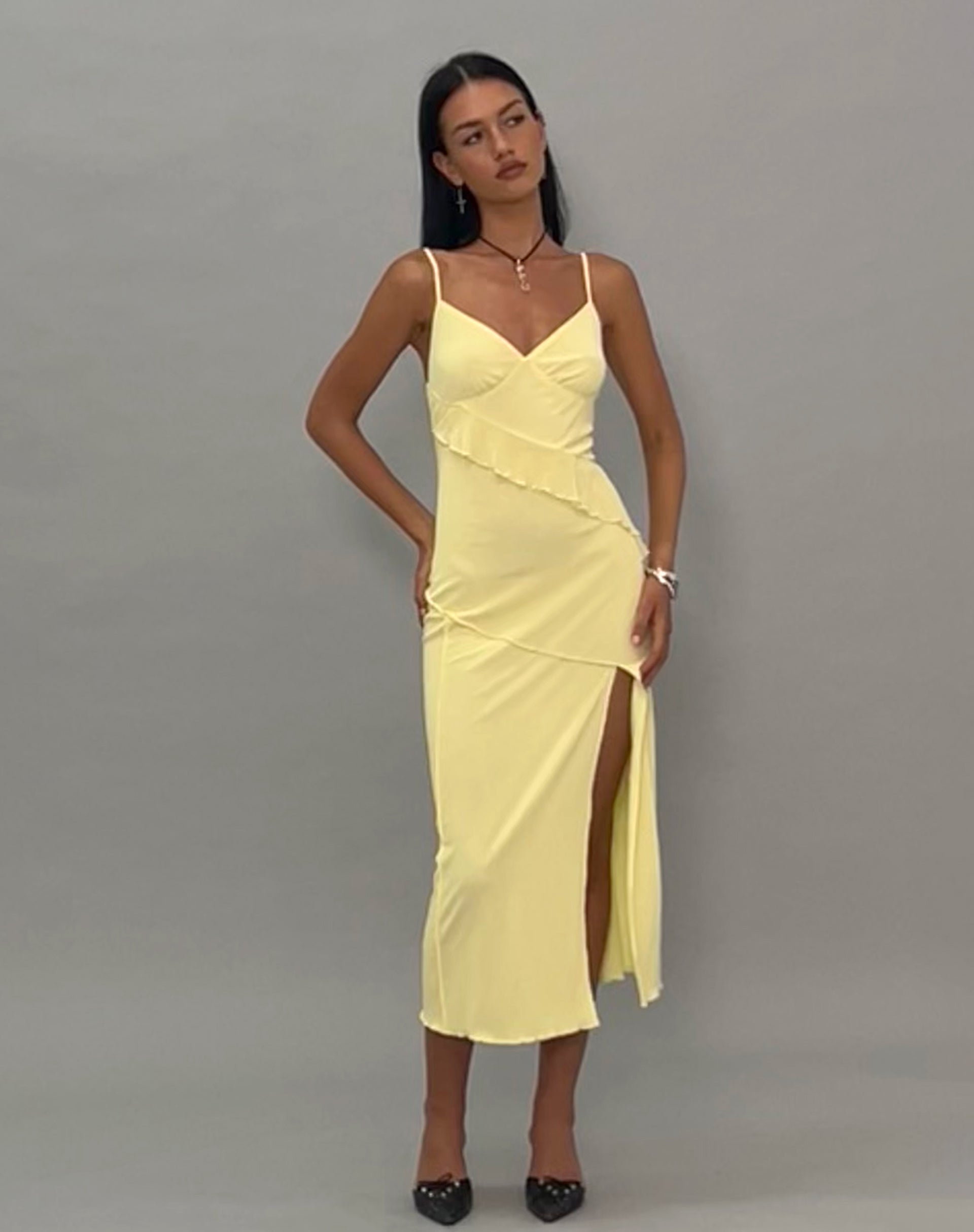 Afbeelding van Jacy Ruffle Midi Dress in Mesh Citroen