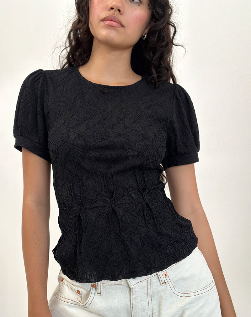 Jaina top met pofmouwen in structuurzwart