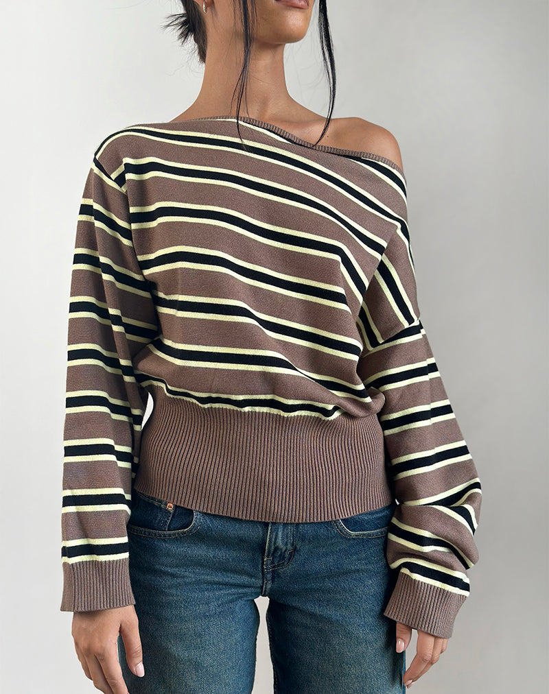 Afbeelding van Jalira Asymmetrische Cinch-trui in Stripe Bruin en Geel
