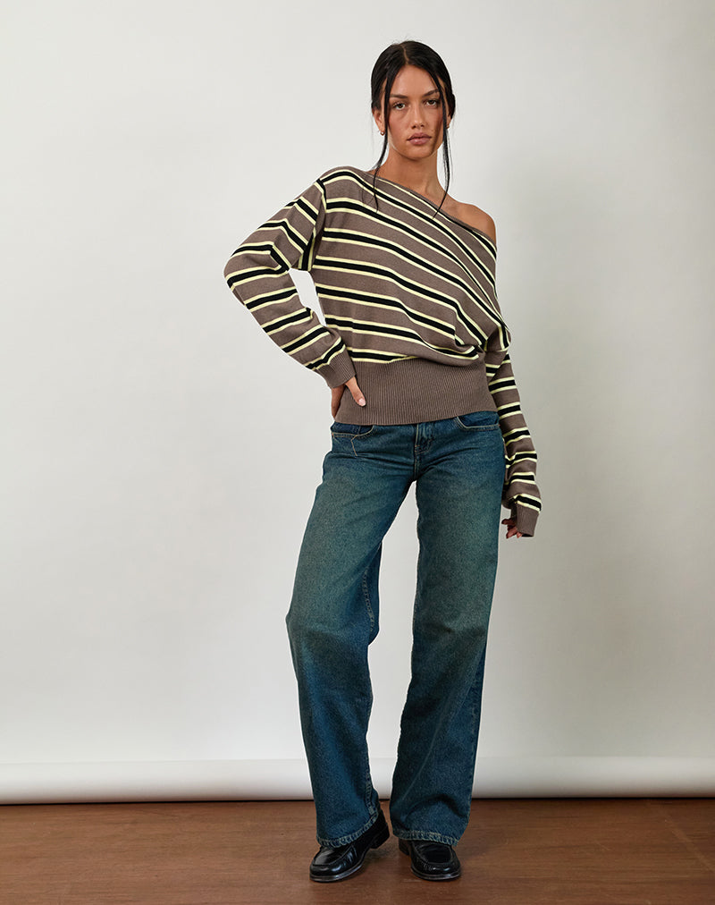 Jalira Asymmetrische Cinch-trui in Stripe Bruin en Geel