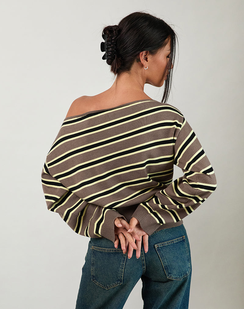 Afbeelding van Jalira Asymmetrische Cinch-trui in Stripe Bruin en Geel