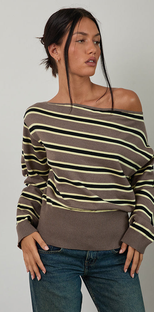 Afbeelding van Jalira Asymmetrische Cinch-trui in Stripe Bruin en Geel