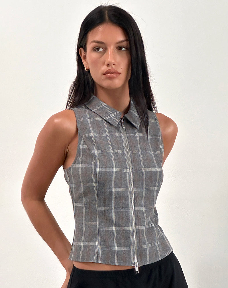 Janae Zip Vest Top in Grijs Ruitje