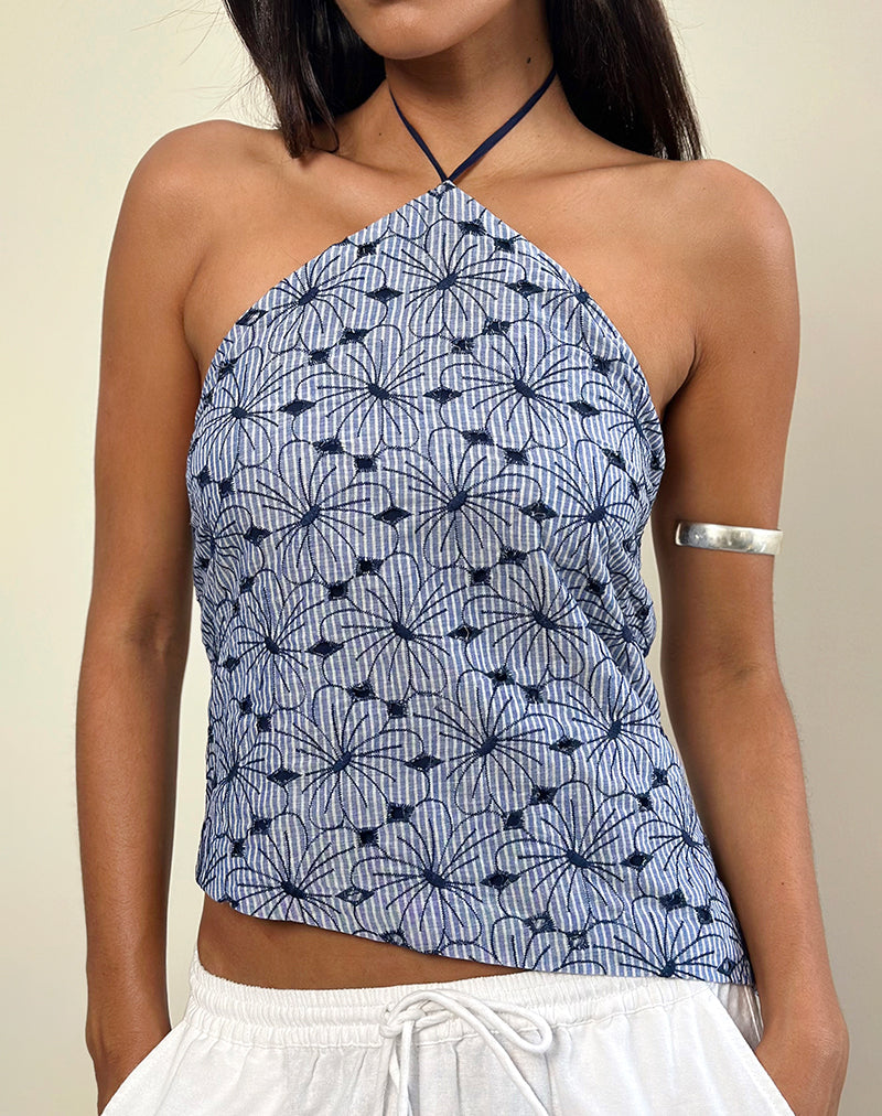 Janisa Haltertop in Blauw Gestreepte Bloemen
