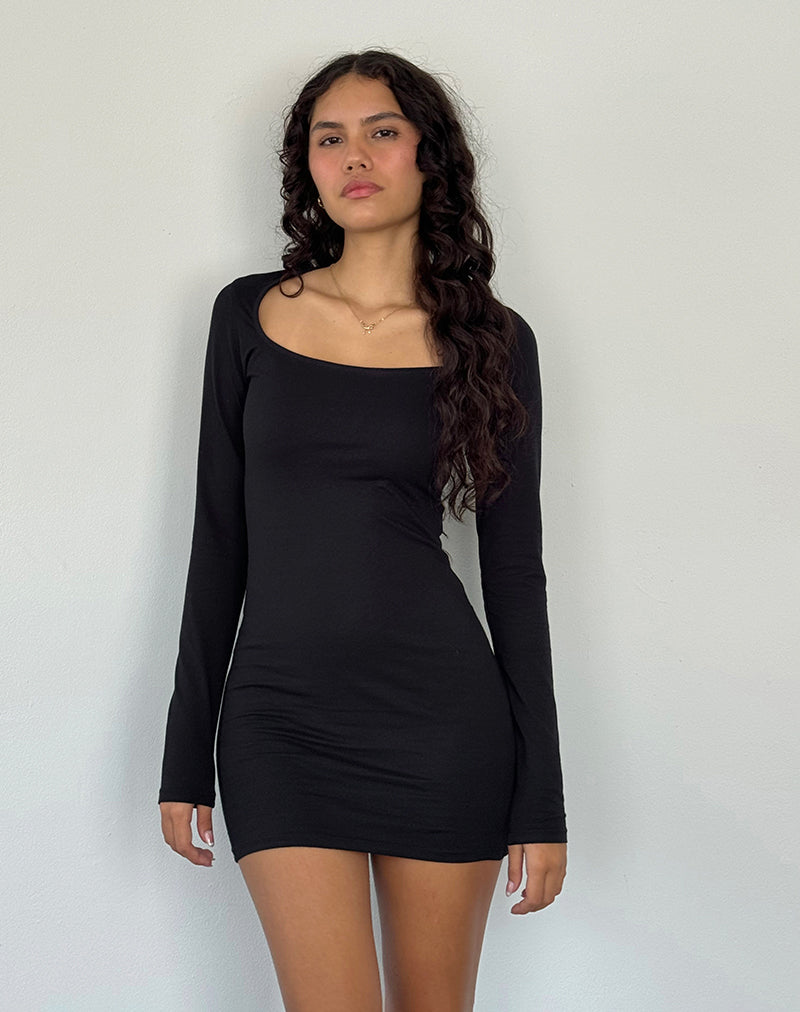 Afbeelding van Janjisu Lange Mouw Lycra Bodycon Mini Jurk in Zwart
