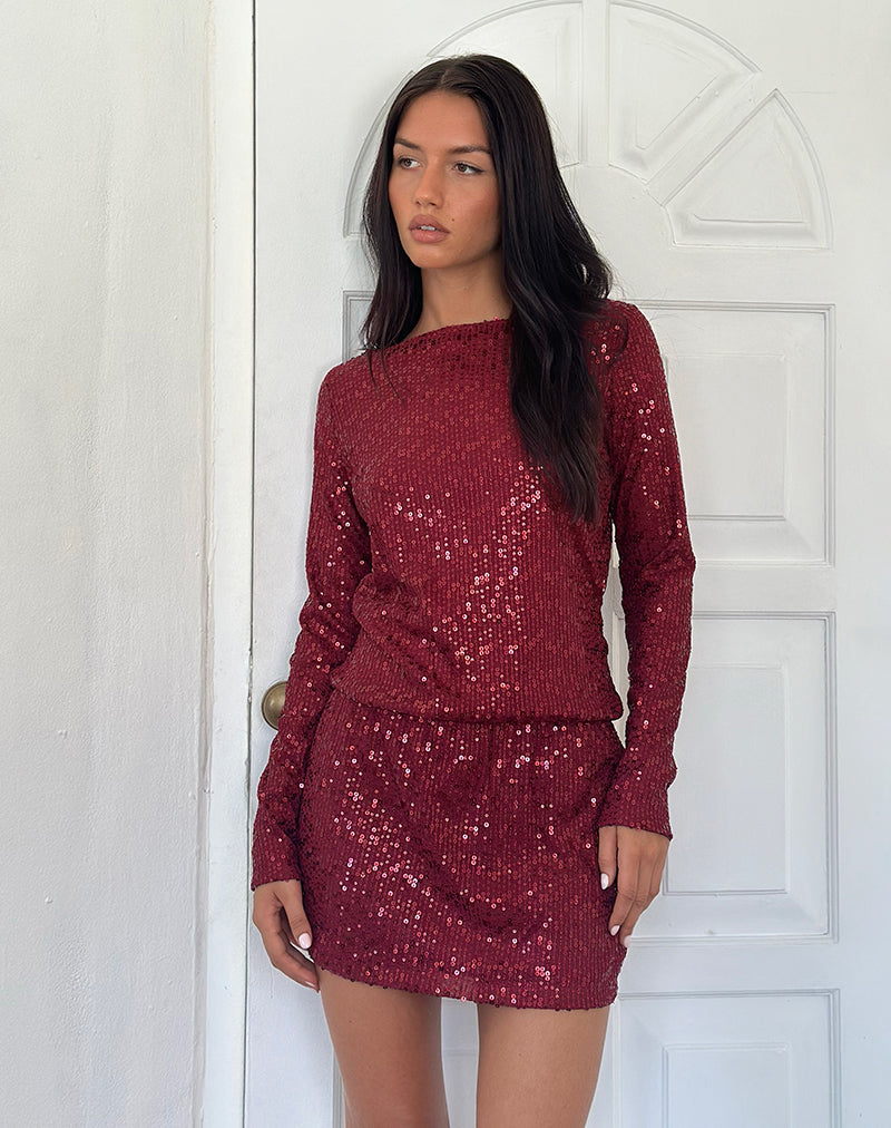 Afbeelding van Jasilia Mini jurk met lange mouwen in paillettenrood