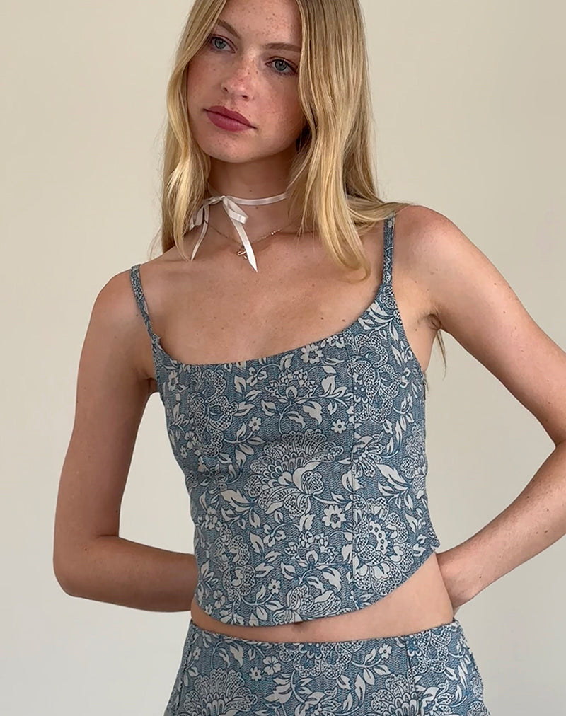 Afbeelding van Jatemi Korset Top in Blauw Sierlijke Print